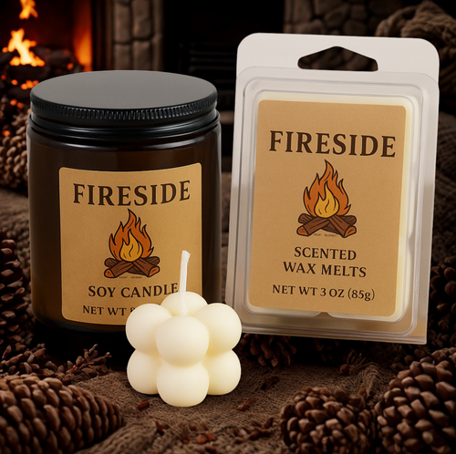 Fireside Scented Candle or Wax Melts – Cozy Smoke, Wood, and Vanilla Aroma – Hand-Poured Soy