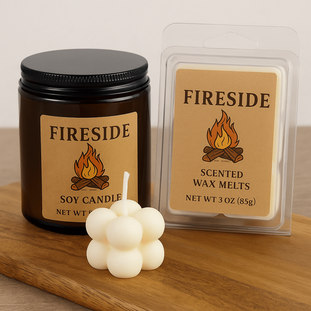 Fireside Scented Candle or Wax Melts – Cozy Smoke, Wood, and Vanilla Aroma – Hand - Poured Soy - VarietyVibe Shop