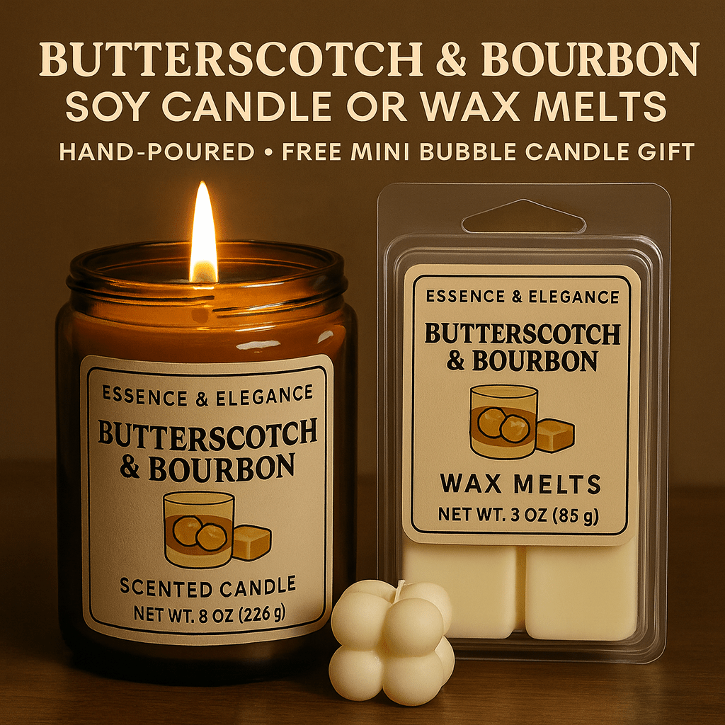 Hand - Poured Soy Candle – Butterscotch and Bourbon Sweet Scent - FREE Mini Bubble Candle - VarietyVibe Shop